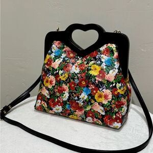 Floral Print Cowhide  Leather, Handmade Cut-out Handle Wooden Frame Handbag